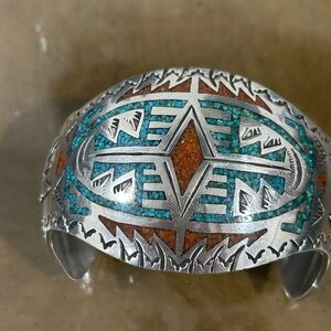 Artisan Sterling Silver Cuff Bracelet with Turquoise and Brown Inlays
